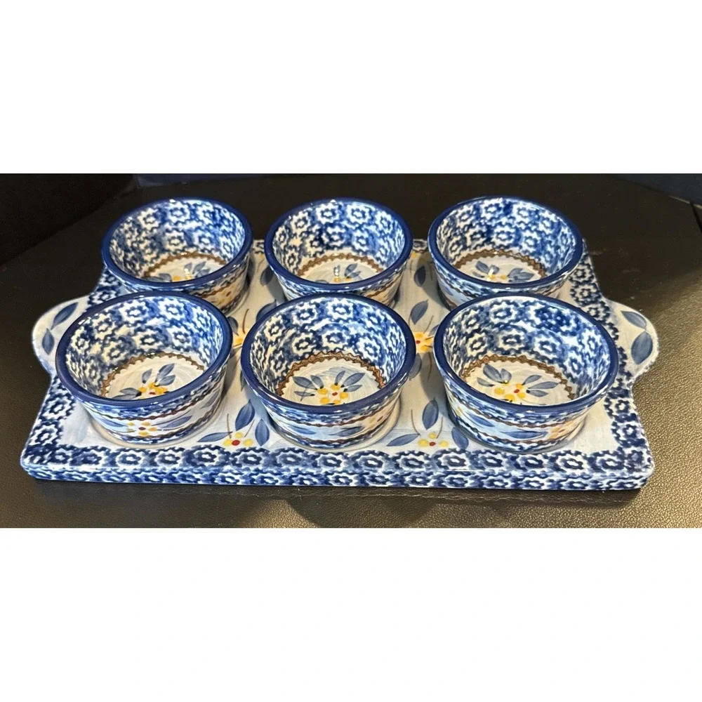 Temptation‎ By Tara Old World Ovenware Serve Ware Set 6 Bowls Tray Blue